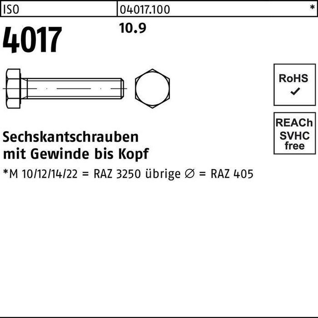ISO 4017 Sechskantschrauben M20x60 - Stahl 10.9 Blank 25 Stück