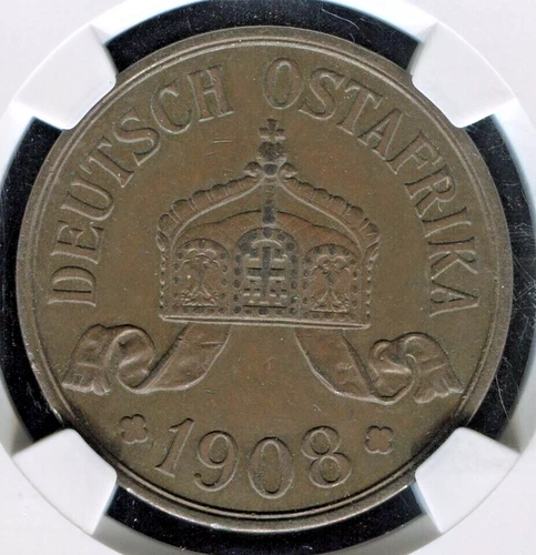 1908-J German East Africa 5 Heller 600K Mtg | NGC AU55BN | KM 11 | Free Shipping
