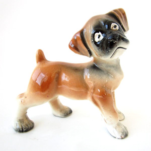 Vintage Boxer Dog Porcelain Figurine Brown Black Standing 4" Lefton