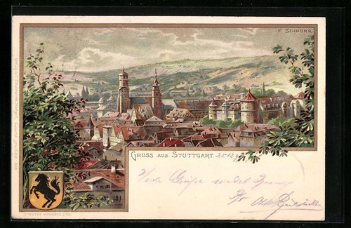 Litografía Stuttgart, vista general, escudo de armas de la ciudad 1899