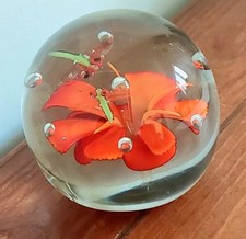 Vintage Art GlassPaperweight OrangeFlower and TwoDragonflies 560g & 75mm
