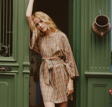 Doen Calder Dress S 10 Check Mini Square Neck Loose Smock Sleeve Cotton Rainbow