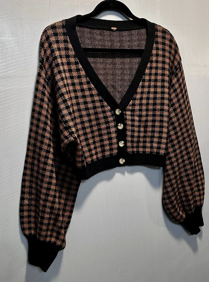 Cárdigan Recortado Free People Maeve Cuadros Negro y Marrón Talla M ver descripción Foto 4 de 4