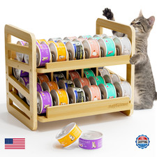 Rolling Bamboo Cat Food Can Organizer, 2-Layer Wet Cat Food Storage Container Ho