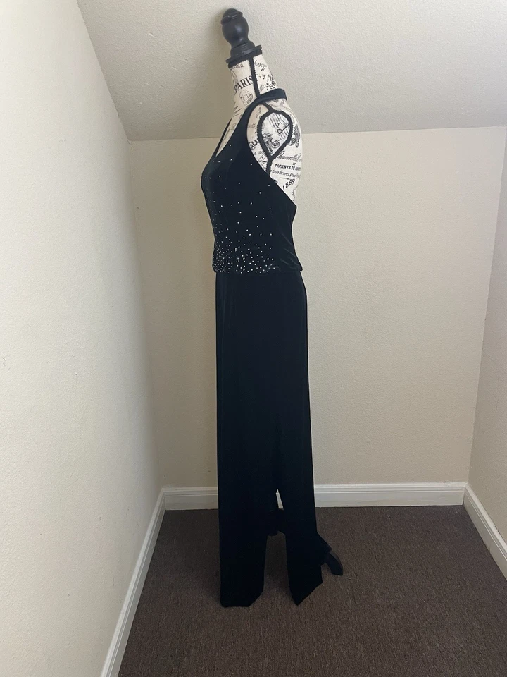 Vestido de Noche Halter Terciopelo Negro Años 90 McClintock Baile de graduación Plateado Glamour Formal Foto 3 de 4