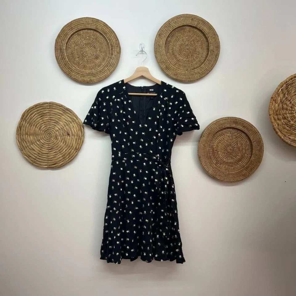 JILL Jill Stuart Black Flower Floral Embroidered Short Sleeve Wrap Mini Dress 0 - Image 2 of 4