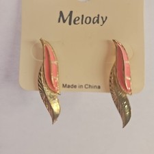 Earrings Stud Dangle Feather Leaf Shape Orange Gold Tone 1.38" Drop