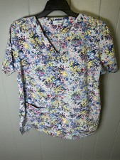 Landau Women' s Floral Scrub Top size Large Mock Wrap Nurse Medical blue yellow