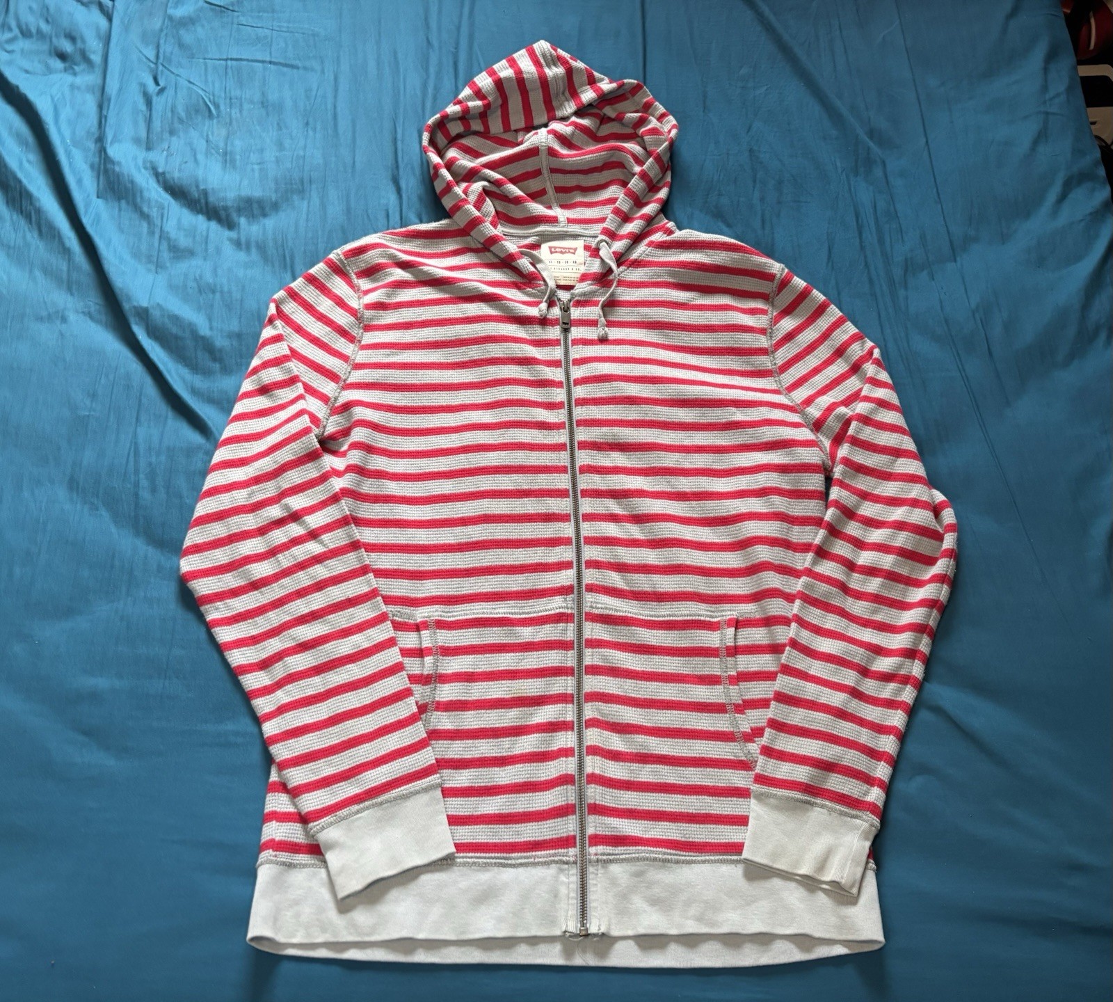 Levis Hoodie Mens XL Red Gray Striped Full Zip Sweatshirt Thermal Waffle Knit