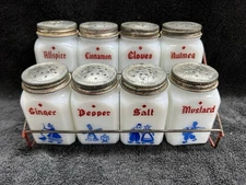 Hazel Atlas White Milk Glass 8 Spice Jars with Lids and Wire Rack