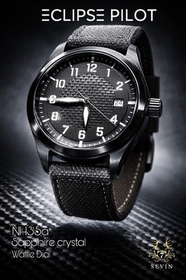 Sevin  Eclipse Pilot  Black Waffle & Black PVD  Case Automatic Watch