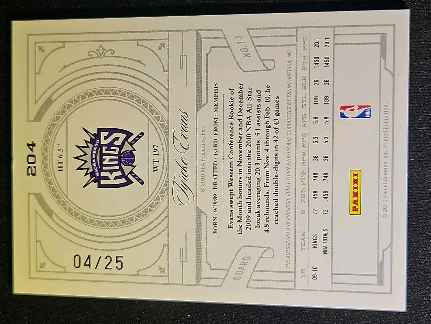 2009-10 Panini National Treasures Tyreke Evans Rookie Rc Patch Auto Prime #04/25 view 4