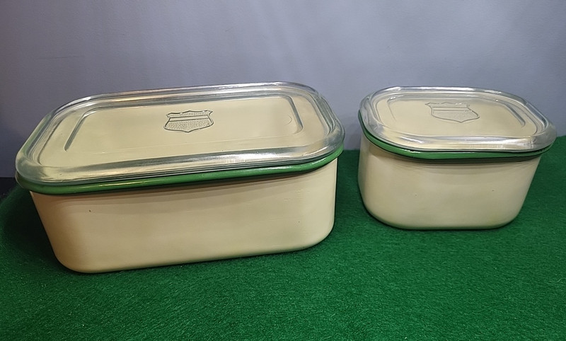 Set Of 2 Vintage  Green / Cream Enamel Glass Lids Covered Refrigerator Dishes