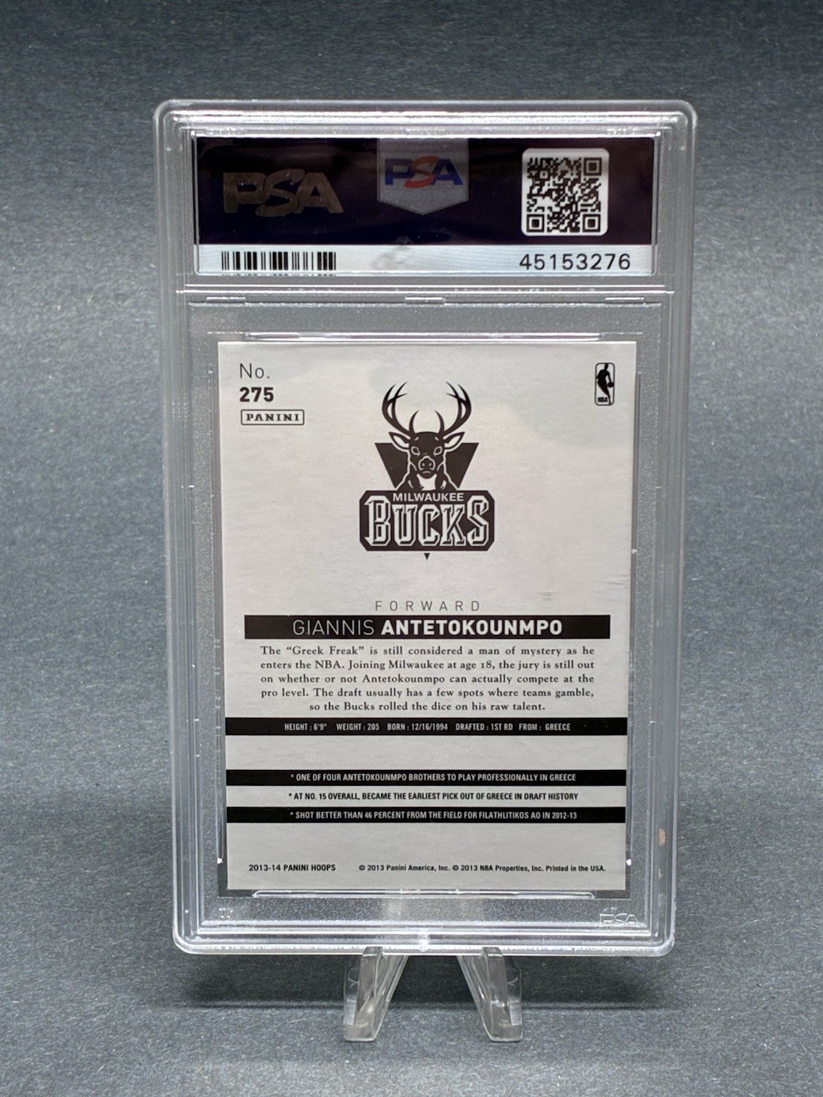 2013-14 Panini Hoops Giannis Antetokounmpo RC Rookie #275 Bucks PSA 10 GEM MINT view 2