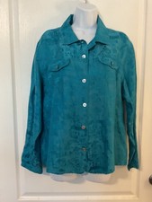 Chico's Women  s Scenic Print Jacket Sz 3 US XL Teal Button Front -J28