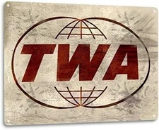 Tin Metal Sign TWA Trans World Airlines Logo Jet Airplane Retro 8x12