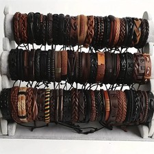 20pcs Braided Leather Wrap Bracelets Wood Beads Ethnic Tribal Set - NEW