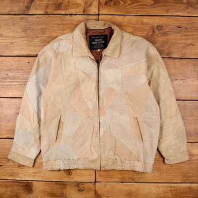 Vintage Italian Stone Bomberjacke 2XL Herren 90er Beige Wildleder Leder Patchwork
