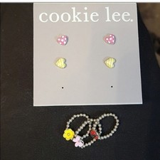 Cookie Lee Children teen flower kitty cat heart necklace rings earings siliver