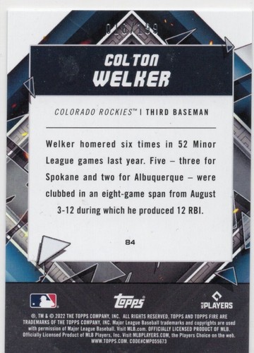 2022 Topps Fire - Colton Welker #84 Green /199 (RC) - Picture 2 of 2