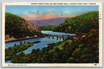 Postcard Where Three States and Two Rivers Meet Harper Ferry West Virginia Linen