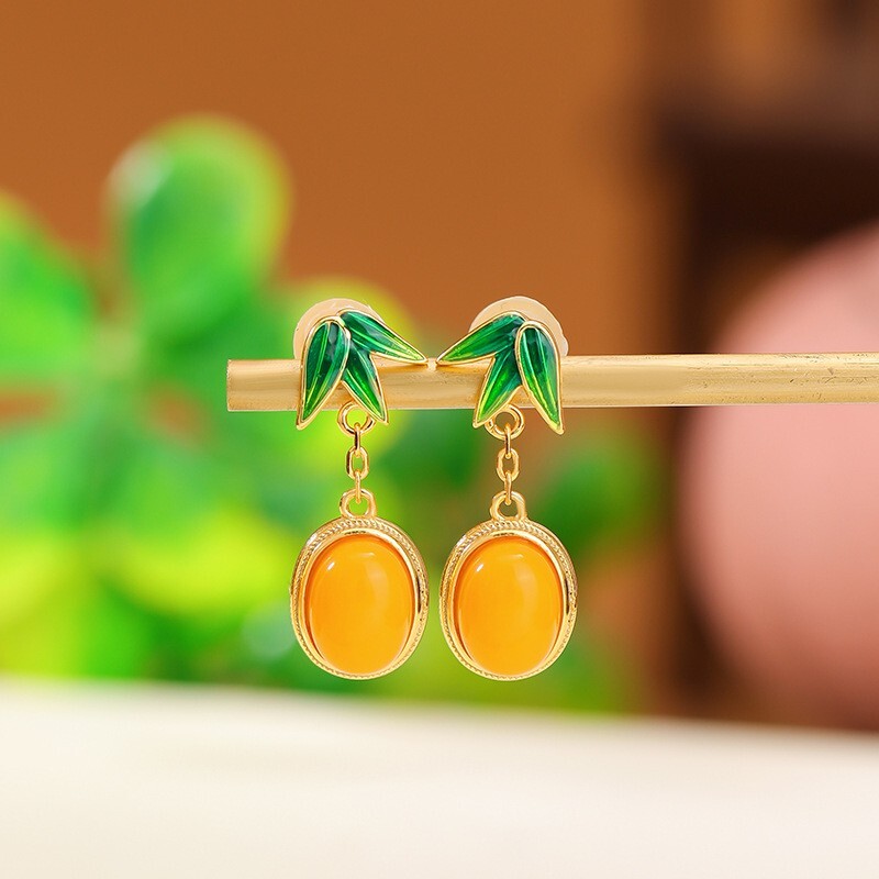 F02 Earrings Oval Yellow Amber Green Leaves Sterling Silver 925