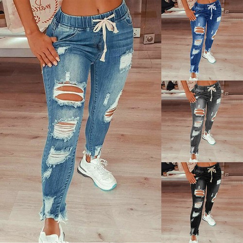 Women Elastic Waist Ripped Jeans 