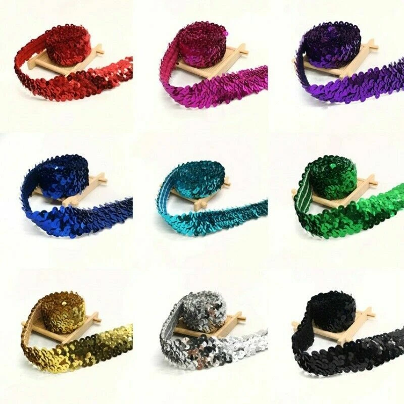 Scintillante Paillettes Fascia Elastica Nastro Lucido Orlo Fai Cucito Materiale - Immagine 3 di 4