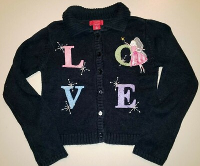 girls medium BLACK SWEATER cardigan L O V E LOVE sewn on front PRINCESS button d
