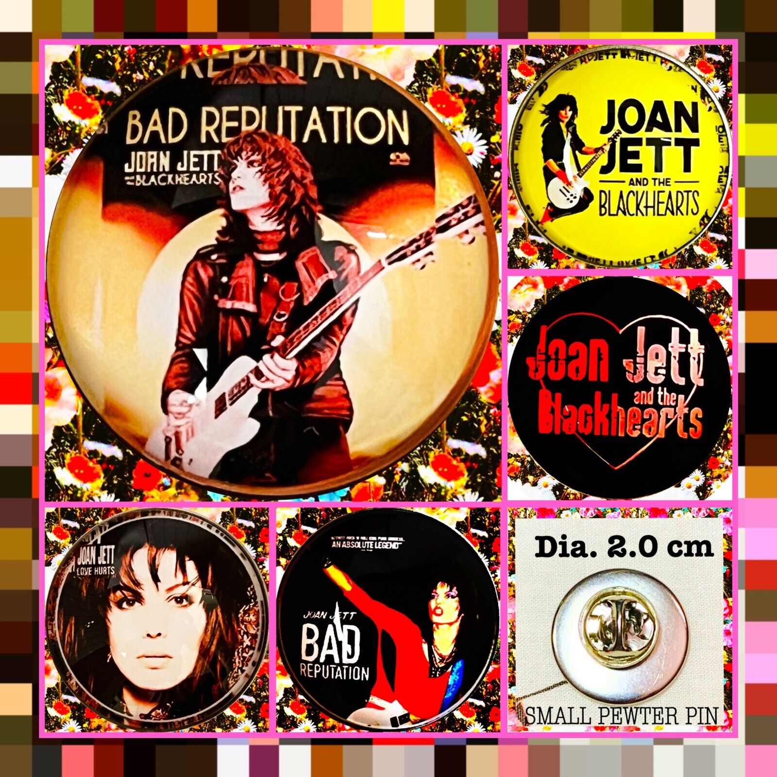 JOAN JETT BAD REPUTATION SMALL PEWTER PINS LOT OF FIVE 🇺🇸 GIFT & CONCERT ACC.