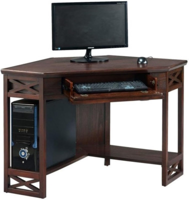 Ramsey Space-Saving Corner Desk with Drawer & Shelf in Chocolate Oak