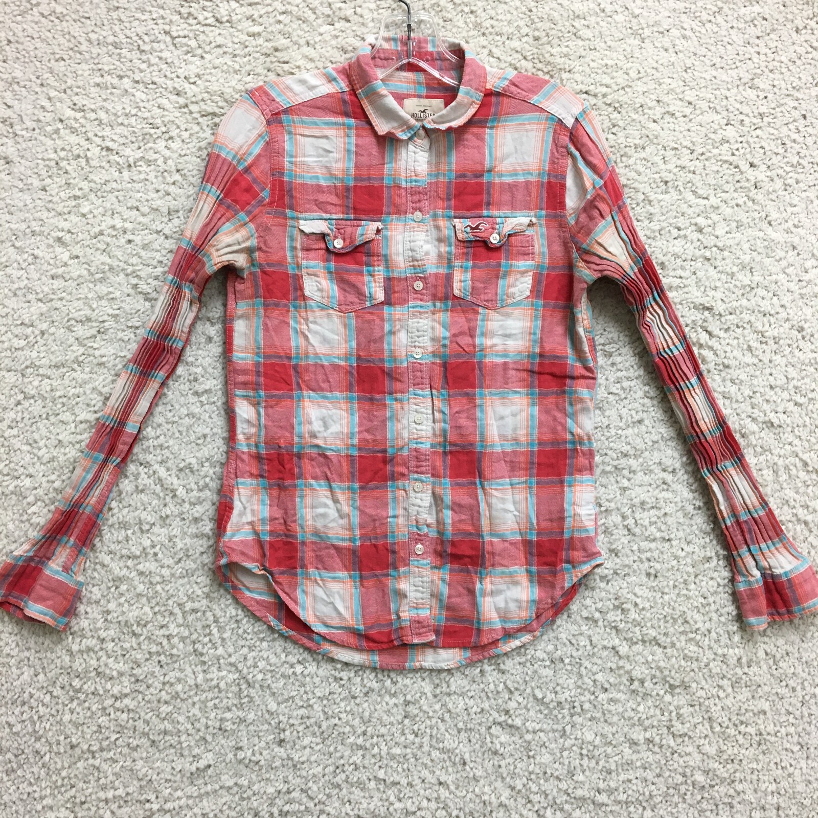 Hollister Button Up Shirt Small Adult Red Plaid Long Sleeve Pockets Casual Women