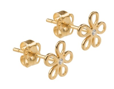 9ct Yellow Gold Filigree Flower Stud Earrings with Clear Stone, stamped 9ct  UK