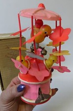 Vintage 1940's Japan Celluloid Wind-up Mechanical SPINNING CHICKS Toy, in Box