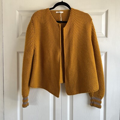 An ge Lorena Yellow Silver Cuff Cable Knit Open Front Cardigan Preppy Lagenlook