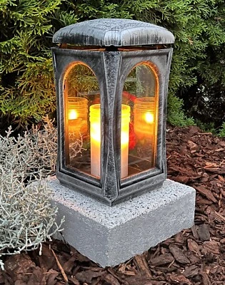 Grablaterne Sockel Grablampe Grableuchte Grablicht Silber Kerze Grabschmuck⭐⭐⭐⭐⭐