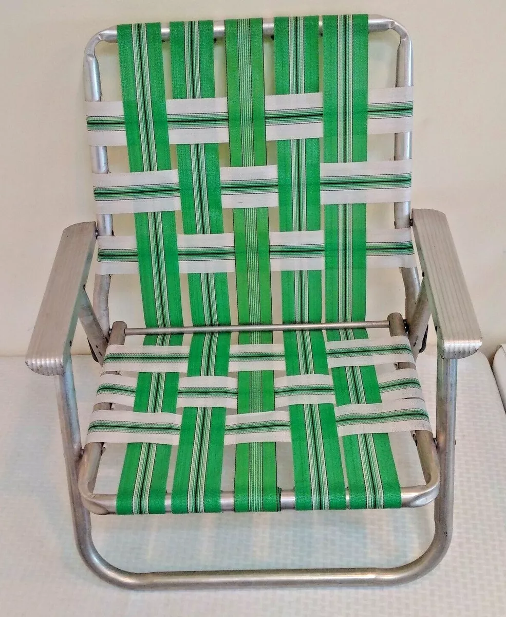 Vintage 1970s Aluminum Webbed Lawn Beach Lounge Chair Retro GREEN WHITE STRIPE