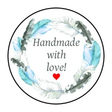 Handmade with love labels, stickers, tags blue feathers