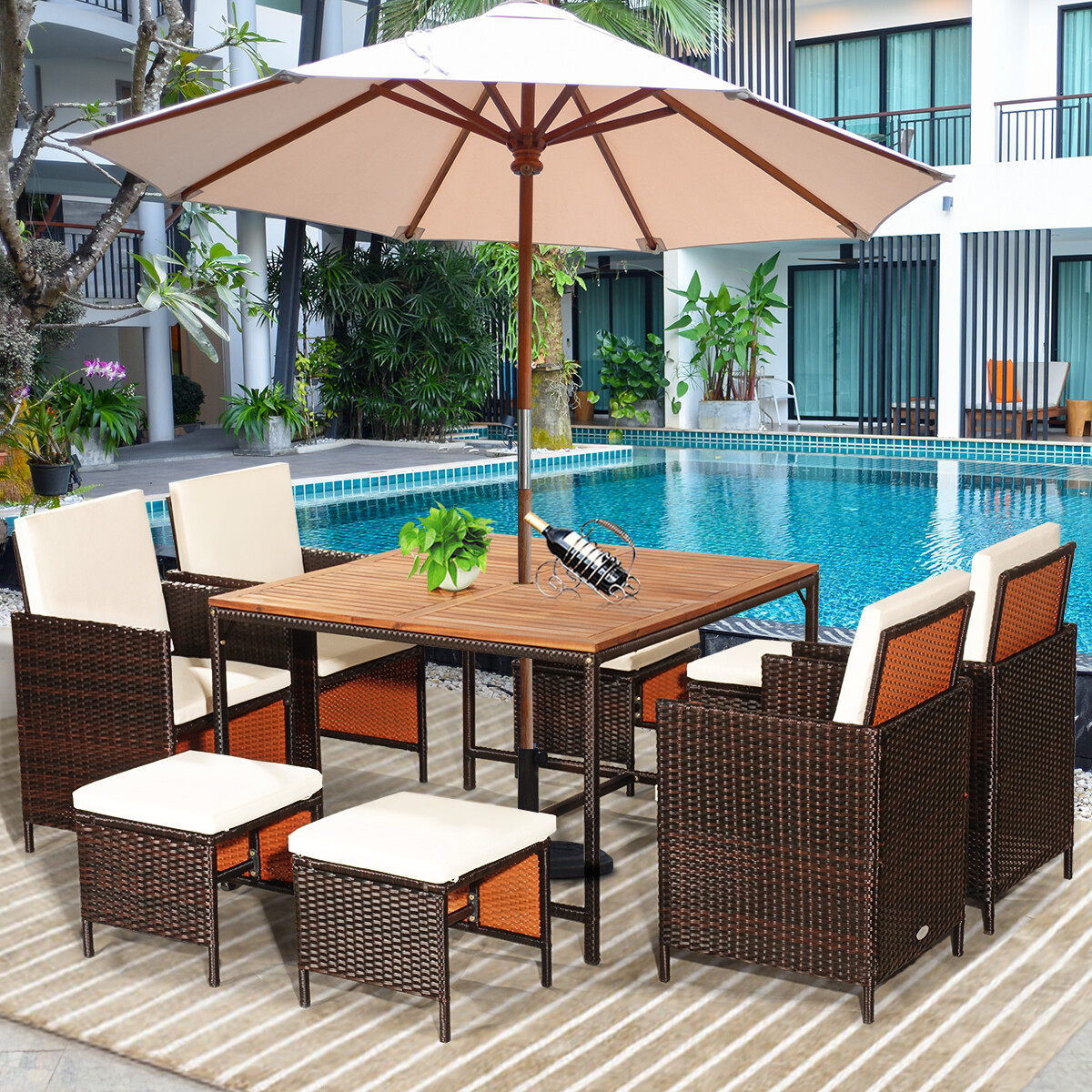Broyerk Rattan Wood Patio Umbrella Stand Dining Table For Sale Online Ebay