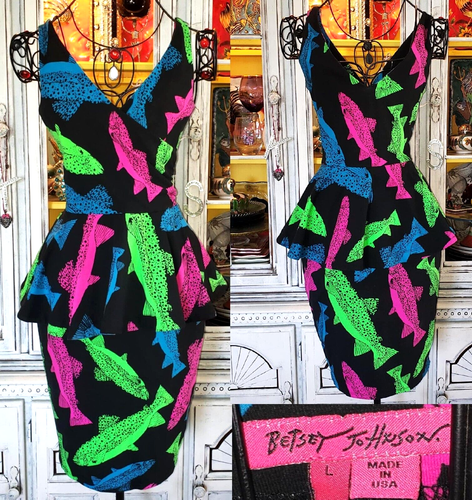 Vintage Betsey Johnson Black Neon Fish Trout Wrap Top Peplum Skirt Slip Dress L