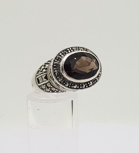 Fully UK Hallmarked Smoky Quartz & Marcasites Ring 925 Silver Size L1/2~M #20400 - Picture 2 of 24