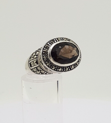 Fully UK Hallmarked Smoky Quartz & Marcasites Ring 925 Silver Size L1/2~M #20400 - Picture 1 of 24