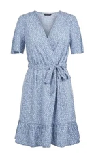 New Look Blue & White Ditsy Floral Frill Wrap Belted Dress. Size 10. NEW 🩵