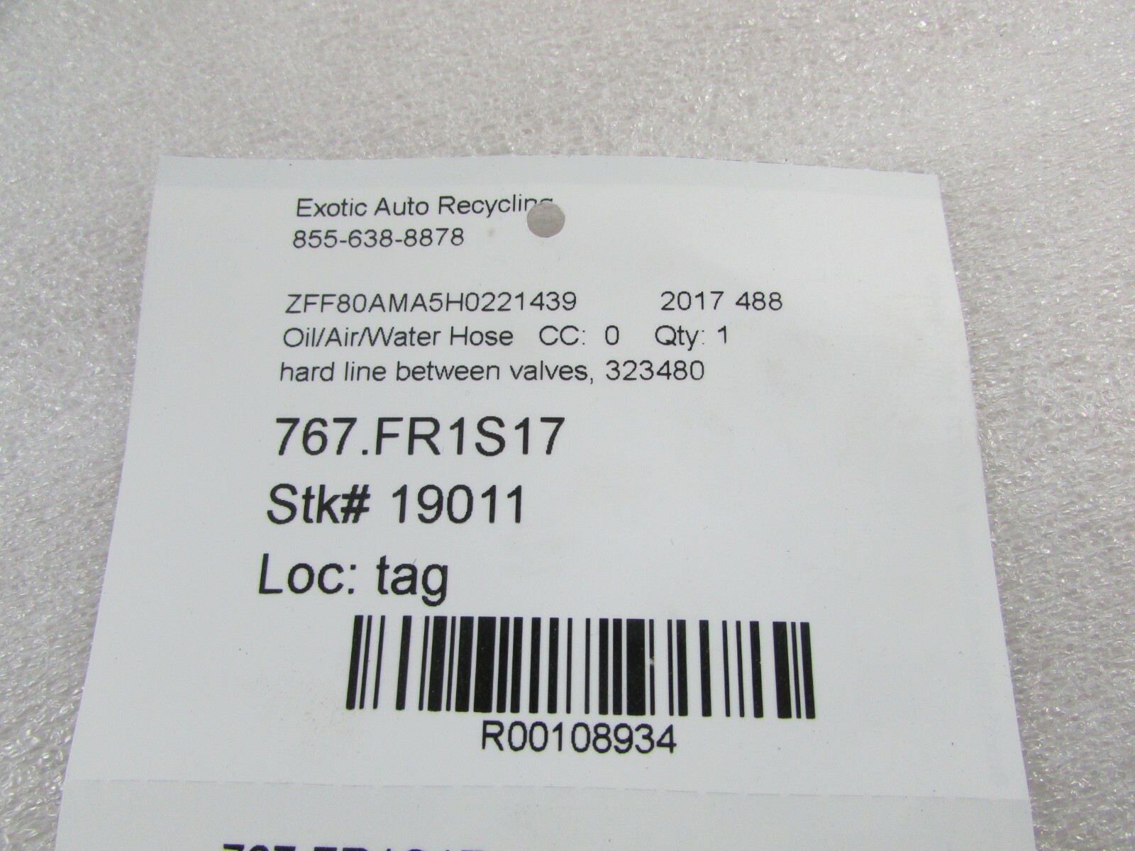 Ferrari 488, Solenoid Valve Connecting Hard Line / Pipe, Used, P/N 323480