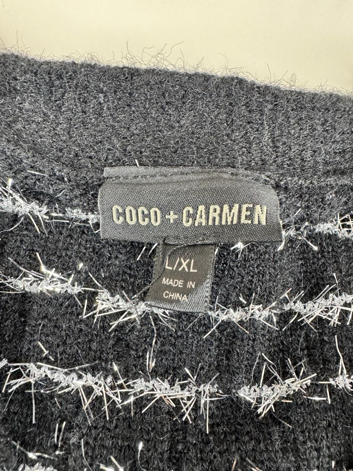 Coco + Carmen Black Silver Eyelash Knit Cardigan Sweater L/XL Pearl Buttons Foto 3 de 4