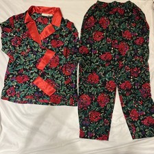 VTG Victoria's Secret Gold Label Pajama Set M Floral Rose Satin RedBlack 2pc 90s