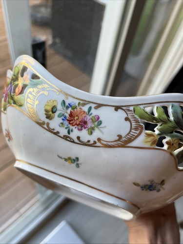 Dresden Saxonian Porcelain Square Reticulated Hand Painted Bowl Gold Trim - Picture 9 of 17
