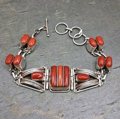 Sterling Silver Mediterranean Red Coral Bracelet Native American Style