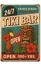 Retro Tiki Bar Tin Sign 24/7 Drinks Vintage Luau Decor Funny Tropical Wall Art