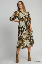 Umgee Black/ Camel Floral Abstract Print Tiered Dress w/ 3/4 Puff Sleeves